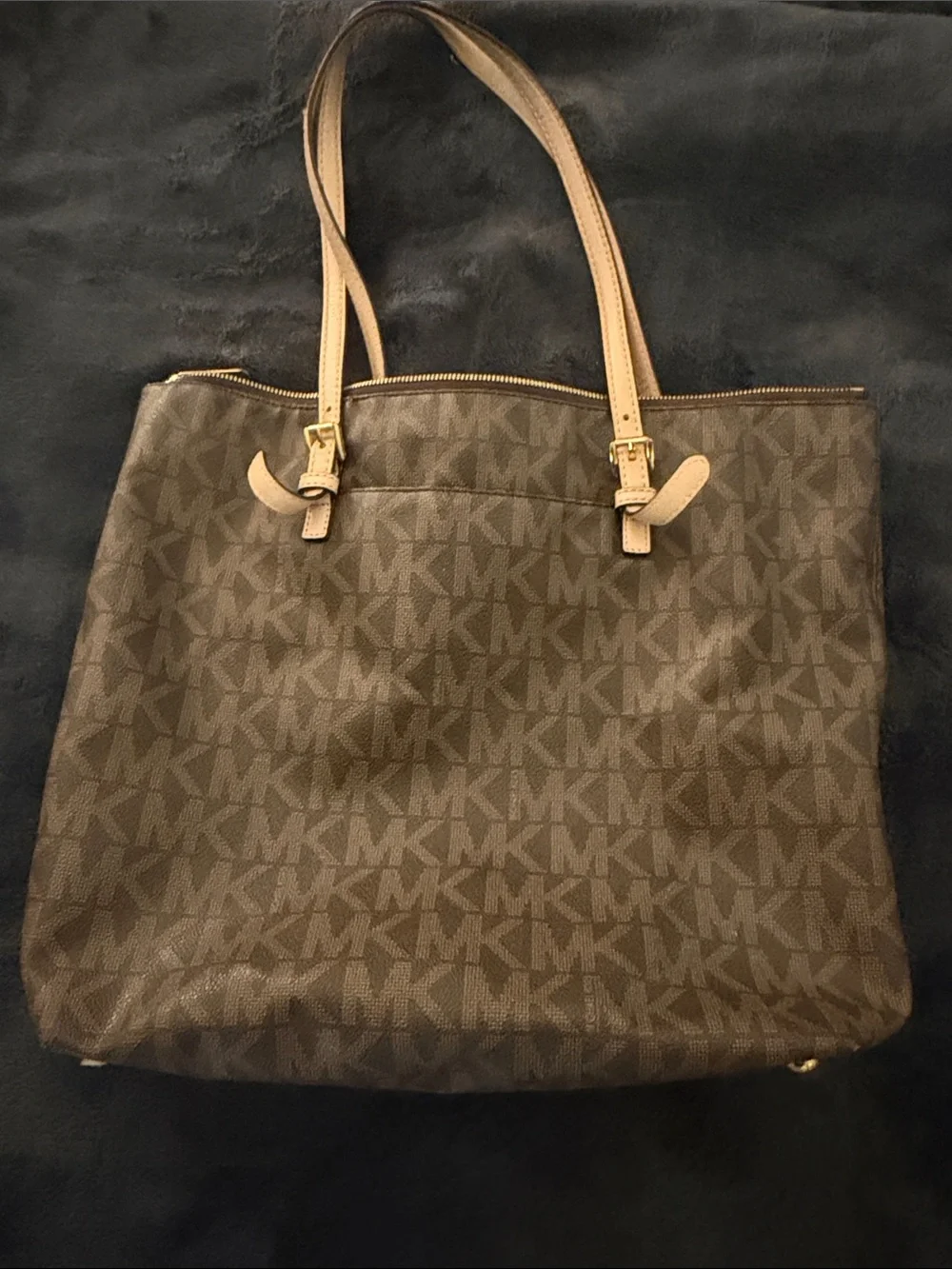 Michael Kors Brown MK Signature Tote with Pale Pink Handles and Gold Charm